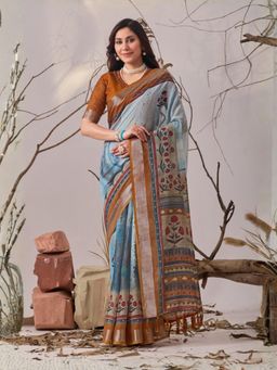 Odette - Blue Linen Cotton Floral Print Saree With Unstitched Blouse