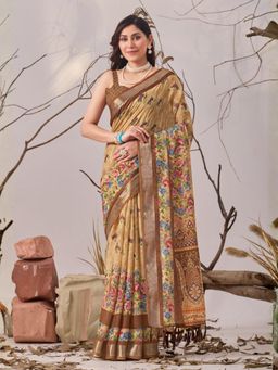 Odette - Brown Linen Cotton Floral Print Saree With Unstitched Blouse