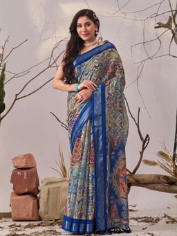 Odette - Blue Linen Cotton Printed Saree With Unstitched Blouse