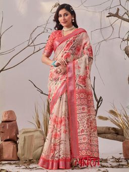 Odette - Pink Linen Cotton Floral Print Saree With Unstitched Blouse