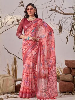Odette - Magenta Linen Cotton Floral Print Saree With Unstitched Blouse