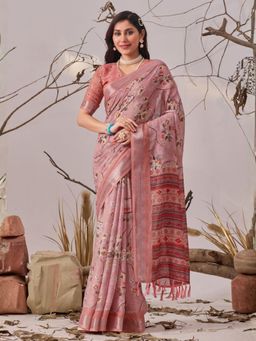 Odette - Light Pink Linen Cotton Floral Print Saree With Unstitched Blouse