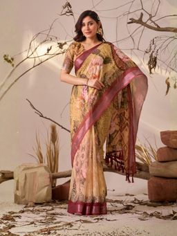 Odette - Yellow Linen Cotton Floral Print Saree With Unstitched Blouse