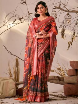 Odette - Red Linen Cotton Printed Saree With Unstitched Blouse