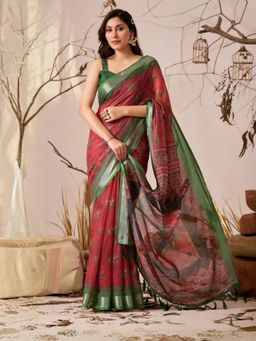 Odette - Red Linen Cotton Printed Saree With Unstitched Blouse
