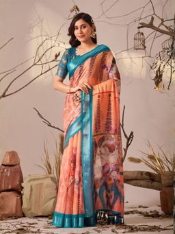 Odette - Orange Linen Cotton Floral Print Saree With Unstitched Blouse