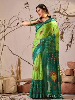 Odette - Green Linen Cotton Printed Saree With Unstitched Blouse