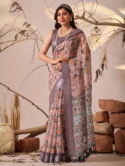 Odette - Grey Linen Cotton Floral Print Saree With Unstitched Blouse