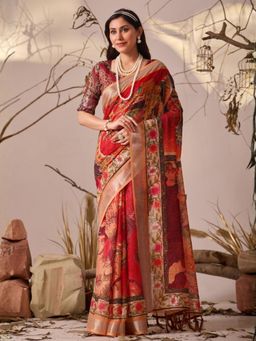 Odette - Red Linen Cotton Floral Print Saree With Unstitched Blouse
