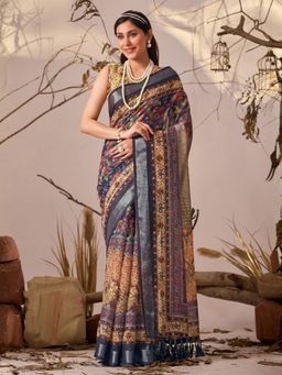 Odette - Multi-Color Linen Cotton Floral Print Saree With Unstitched Blouse