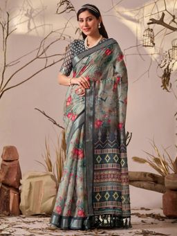 Odette - Grey Linen Cotton Floral Print Saree With Unstitched Blouse