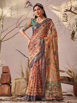 Odette - Multicolor Linen Cotton Printed Saree With Unstitched Blouse