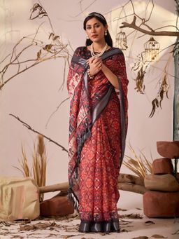 Odette - Black Linen Cotton Printed Saree With Unstitched Blouse