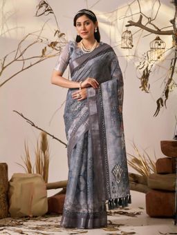 Odette - Grey Linen Cotton Floral Print Saree With Unstitched Blouse