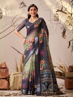 Odette - Multi-Color Linen Cotton Floral Print Saree With Unstitched Blouse