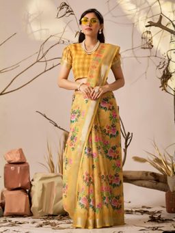 Odette - Yellow Linen Cotton Floral Print Saree With Unstitched Blouse