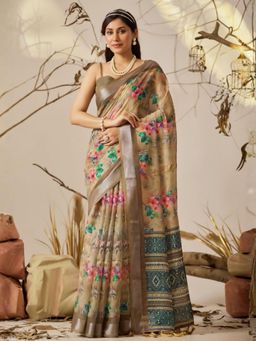 Odette - Dark Cream Linen Cotton Floral Print Saree With Unstitched Blouse