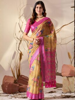 Odette - Mustard Linen Cotton Floral Print Saree With Unstitched Blouse