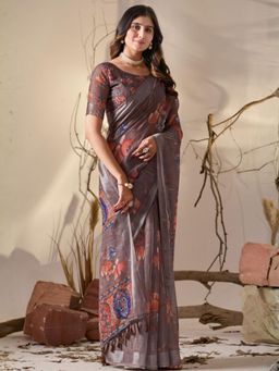 Odette - Light Brown Linen Cotton Floral Print Saree With Unstitched Blouse