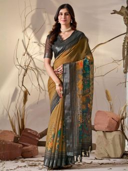 Odette - Mustard Linen Cotton Floral Print Saree With Unstitched Blouse