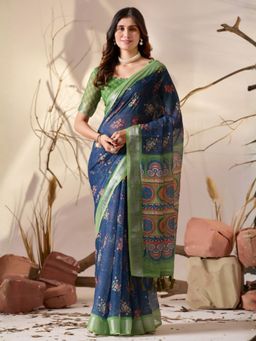 Odette - Green Linen Cotton Floral Print Saree With Unstitched Blouse