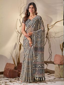 Odette - Grey Georgette Floral Print Saree With Unstitched Blouse