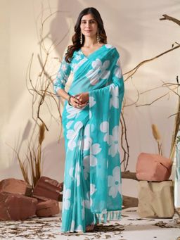 Odette - Sky Blue Georgette Floral Print Saree With Unstitched Blouse