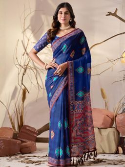 Odette - Royal Blue Georgette Printed Saree With Unstitched Blouse
