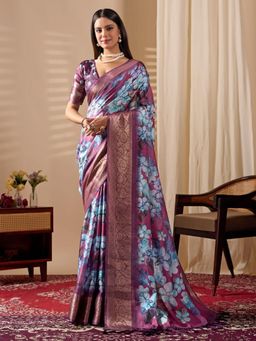 Odette - Purple Silk Blend Floral Print Saree With Unstitched Blouse