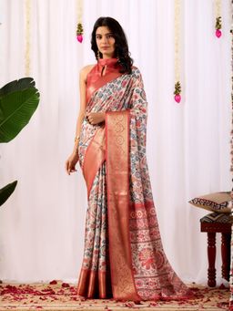 Odette - Rust Silk Blend Floral Print Saree With Unstitched Blouse