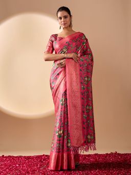 Odette - Pink Silk Blend Floral Print Saree With Unstitched Blouse