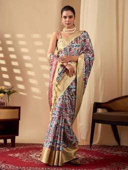Odette - Cream Silk Blend Floral Print Saree With Unstitched Blouse
