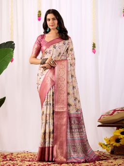 Odette - Cream Silk Blend Floral Print Saree With Unstitched Blouse