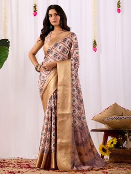 Odette - Beige Silk Blend Printed Saree With Unstitched Blouse