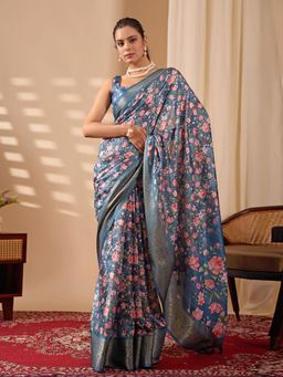 Odette - Teal Silk Blend Floral Print Saree With Unstitched Blouse