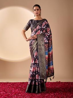 Odette - Black Silk Blend Floral Print Saree With Unstitched Blouse