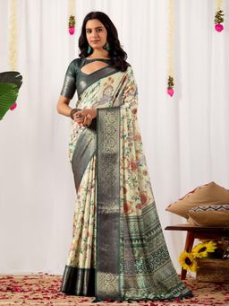 Odette - Green Silk Blend Floral Print Saree With Unstitched Blouse