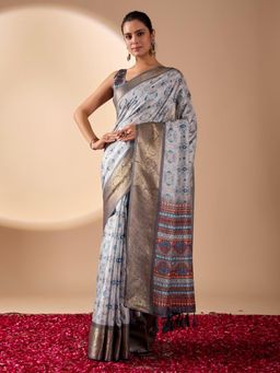 Odette - Grey Silk Blend Floral Print Saree With Unstitched Blouse