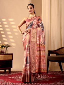 Odette - Orange Silk Blend Printed Saree With Unstitched Blouse