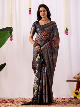 Odette - Black Silk Blend Printed Saree With Unstitched Blouse