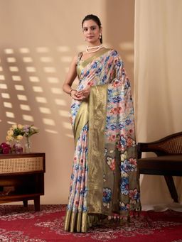 Odette - Multicolor Silk Blend Floral Print Saree With Unstitched Blouse