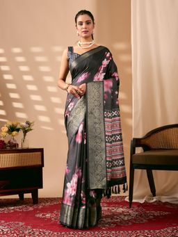 Odette - Black Silk Blend Floral Print Saree With Unstitched Blouse