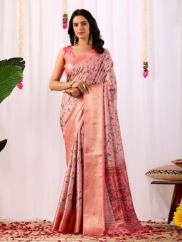 Odette - Pink Silk Blend Floral Print Saree With Unstitched Blouse