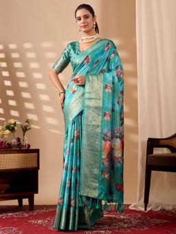 Odette - Aqua Silk Blend Floral Print Saree With Unstitched Blouse