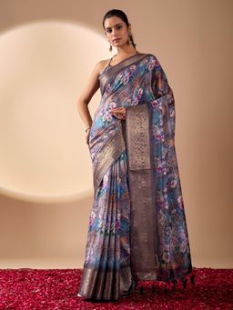 Odette - Multicolor Silk Blend Floral Print Saree With Unstitched Blouse