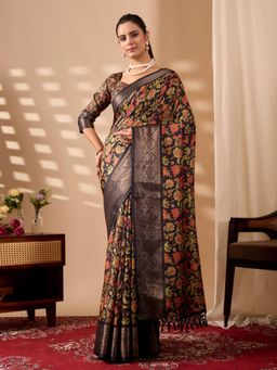 Odette - Brown Silk Blend Floral Print Saree With Unstitched Blouse