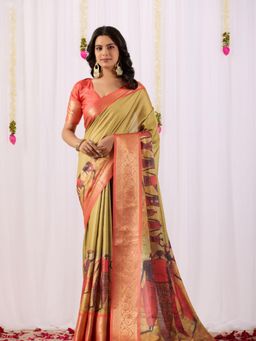 Odette - Olive Silk Blend Printed Saree With Unstitched Blouse