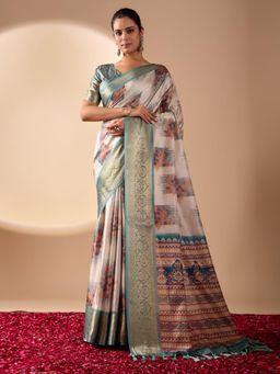 Odette - Sea Green Silk Blend Floral Print Saree With Unstitched Blouse