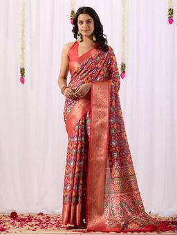 Odette - Pink Silk Blend Printed Saree With Unstitched Blouse