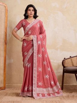 Odette - Peach Georgette Floral Embellished Saree With Unstitched Blouse